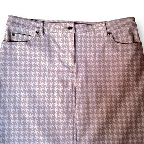 J McLaughlin Womens Josette Skirt Sz 10 Tan White Houndstooth Stretch Preppy - Picture 2 of 4